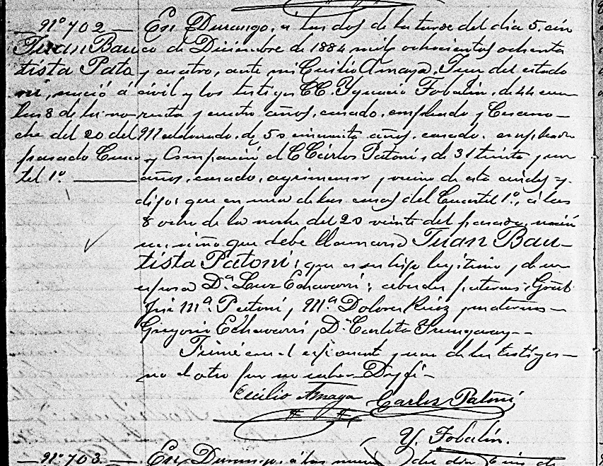 Civil Birth Record of Juan Bautista Patoni in 1884